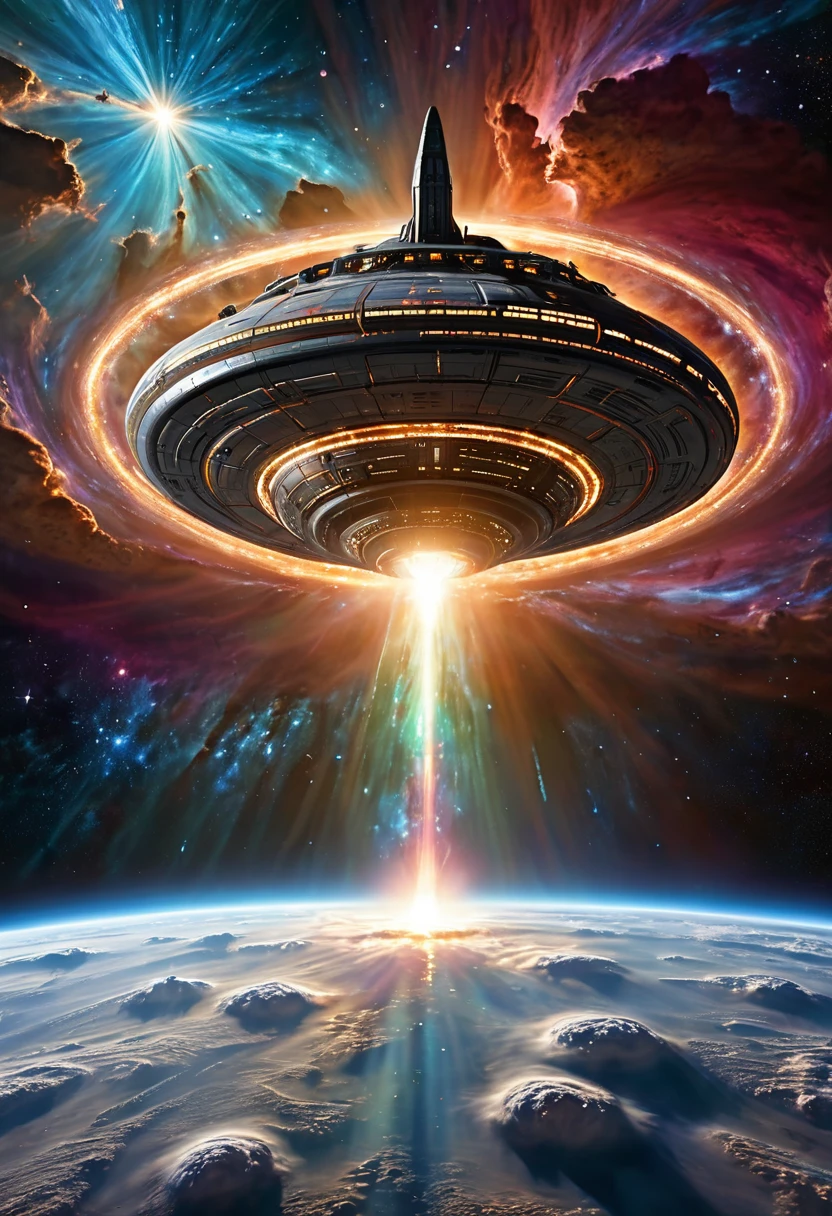 Help create an image A breathtaking panorama of a star's atmosphere, its surface shimmering with vibrant, sparkling lights. Majestic spaceships, adorned with intricate designs, glide through the cosmic dance of warp ceremonies, leaving trails of swirling energy. A close-up view of a star's atmosphere, revealing the intricate details of its surface. Sparkling lights dance like fireflies, while colossal spaceships, their engines glowing, prepare to embark on a warp journey. A vibrant nebula swirls around a star, its colors reflecting in the atmosphere's shimmering lights. A lone spaceship, bathed in the nebula's glow, prepares to enter the warp, its destination unknown A fierce interstellar battle unfolds against the backdrop of a star's fiery atmosphere. Spaceships unleash beams of energy, their clash illuminating the swirling clouds of gas and dust. A photorealistic image of a star's atmosphere, capturing the intricate details of its swirling clouds and the sparkling lights that dance within them. A lone spaceship, its engines glowing, prepares to launch into the vastness of space