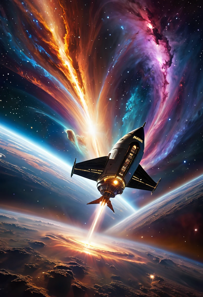 Help create an image A breathtaking panorama of a star's atmosphere, its surface shimmering with vibrant, sparkling lights. Majestic spaceships, adorned with intricate designs, glide through the cosmic dance of warp ceremonies, leaving trails of swirling energy. A close-up view of a star's atmosphere, revealing the intricate details of its surface. Sparkling lights dance like fireflies, while colossal spaceships, their engines glowing, prepare to embark on a warp journey. A vibrant nebula swirls around a star, its colors reflecting in the atmosphere's shimmering lights. A lone spaceship, bathed in the nebula's glow, prepares to enter the warp, its destination unknown A fierce interstellar battle unfolds against the backdrop of a star's fiery atmosphere. Spaceships unleash beams of energy, their clash illuminating the swirling clouds of gas and dust. A photorealistic image of a star's atmosphere, capturing the intricate details of its swirling clouds and the sparkling lights that dance within them. A lone spaceship, its engines glowing, prepares to launch into the vastness of space