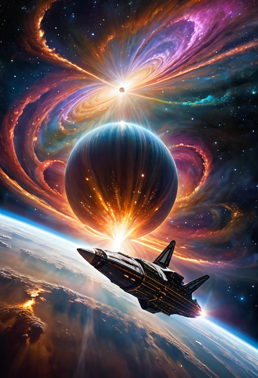 Help create an image A breathtaking panorama of a star's atmosphere, its surface shimmering with vibrant, sparkling lights. Majestic spaceships, adorned with intricate designs, glide through the cosmic dance of warp ceremonies, leaving trails of swirling energy. A close-up view of a star's atmosphere, revealing the intricate details of its surface. Sparkling lights dance like fireflies, while colossal spaceships, their engines glowing, prepare to embark on a warp journey. A vibrant nebula swirls around a star, its colors reflecting in the atmosphere's shimmering lights. A lone spaceship, bathed in the nebula's glow, prepares to enter the warp, its destination unknown A fierce interstellar battle unfolds against the backdrop of a star's fiery atmosphere. Spaceships unleash beams of energy, their clash illuminating the swirling clouds of gas and dust. A photorealistic image of a star's atmosphere, capturing the intricate details of its swirling clouds and the sparkling lights that dance within them. A lone spaceship, its engines glowing, prepares to launch into the vastness of space