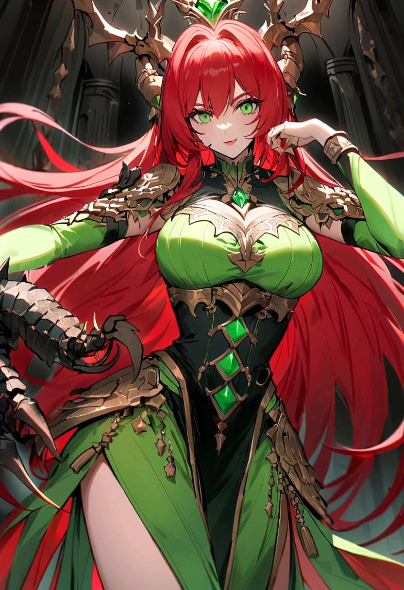 (Huang Li、high quality、Extremely detailed),Constellation - Scorpio Goddess,Huge scorpion,Woman stroking a scorpion,Similar to Latin goodness,brave,capricious,Productivity,The face of enterprising and humanitarianism,Red hair,Ancient Greek costumes、Wrap Dress,The background is the universe,Crystal green eyes(Eyes Details),Powerful appearance