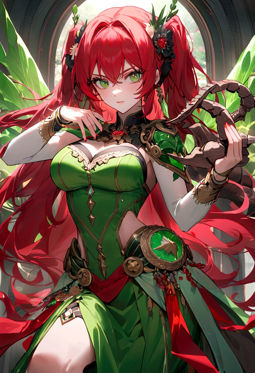 (Huang Li、high quality、Extremely detailed),Constellation - Scorpio Goddess,Huge scorpion,Woman stroking a scorpion,Similar to Latin goodness,brave,capricious,Productivity,The face of enterprising and humanitarianism,Red hair,Ancient Greek costumes、Wrap Dress,The background is the universe,Crystal green eyes(Eyes Details),Powerful appearance