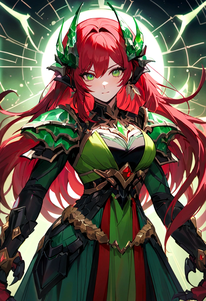 （Huang Li、high quality、Extremely detailed），Constellation - Scorpio Goddess，Huge scorpion，Woman stroking a scorpion，Similar to Latin goodness，brave，capricious，Productivity，The face of enterprising and humanitarianism，Red hair，Ancient Greek costumes、Wrap Dress，The background is the universe，Crystal green eyes（Eyes Details），Powerful appearance