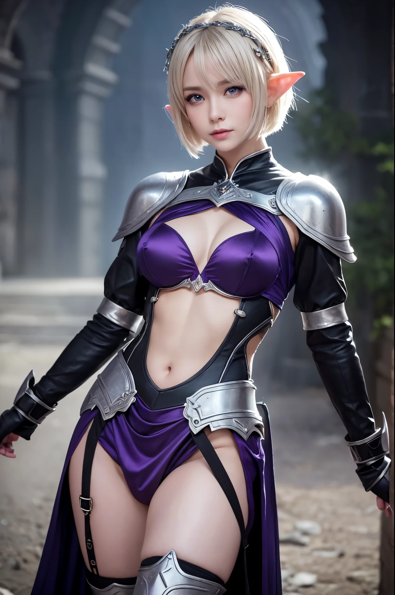 8K,Blonde short bob hair elf、Super Beauty(Like the real thing),AlaFed woman in purple and black outfit、Ultra-detailed fantasy characters、3DレンダリングCharacter Art,blue eyes,Detail Fantasy、Stunning Armor、見事なCharacter Art、Enchantingなメスマー女性、Gorgeous Female Paladin、Ultra-high resolution、Ultra-Realistic Skin、Beautiful expression、Sexy appearance、Enchanting、Beautiful small breasts,Rich colors、Backlight、Cinema Lighting、Film Grain、50mm lens、Nikon D850、Fantasy art,Character Art、Dynamic fighting poses、In a dimly lit dungeon、Makeup、Elf Ears,Very muscular and slim body,Very very strong abs(8 Pack),Silver hair ornament(one point),Purple and black combat trousers,Curved silver2with two small swords,Combat Ready,Awesome abs,