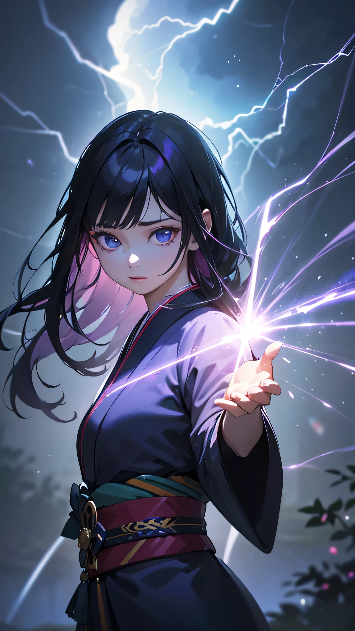 a beautiful girl with long black hair, light blue eyes, surrounded by purple lightning, wearing a traditional japanese kimono, with a mysterious expression, fantasy art, dark lighting that highlights the purple lightning, (best quality,4k,8k,highres,masterpiece:1.2),ultra-detailed,(realistic,photorealistic,photo-realistic:1.37),HDR,UHD,studio lighting,ultra-fine painting,sharp focus,physically-based rendering,extreme detail description,professional,vivid colors,bokeh