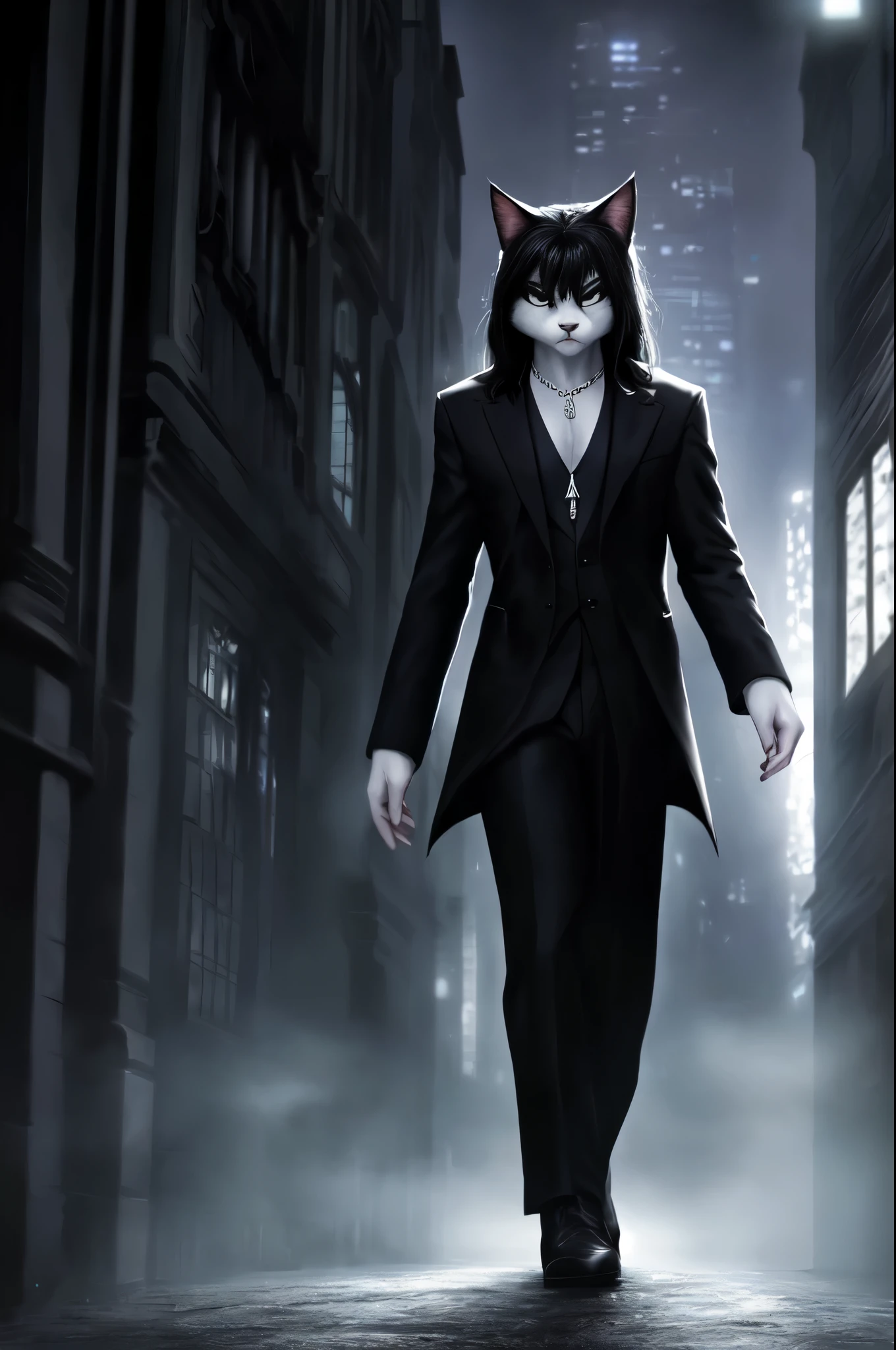 Male, (Male anthro cat:1.3), (Black fur with white fur patterns:1.1), (standing:1.3), (Foggy dark city:1.23), (displeased expression:1.3), detailed eyes, black nose, (detailed eyes), (sharp white eyes), detailed background, 8k hd, (dark shadows, wide dynamic range, hdr, low light:1.2), (Lean physique), slight black eyeshadow, (Long wavy black hair), (black long coat, black turtleneck, silver necklace, black dress pants)