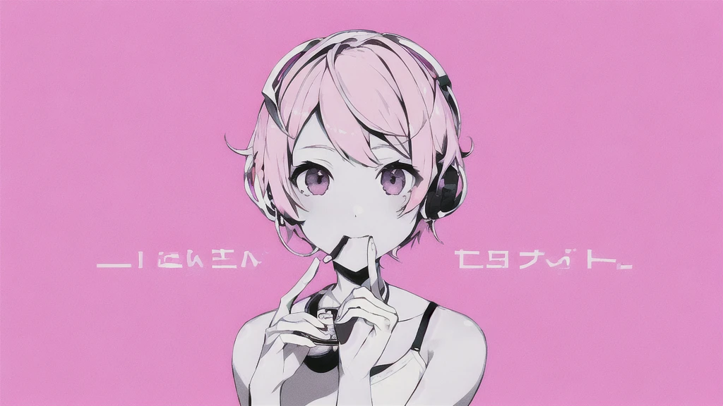 masterpiece, best quality, 1girl, solo, short pink_hair, looking_at_viewer, wearing electronic headset, piece poses , pink_theme, pill, jirai_kei, monochrome,