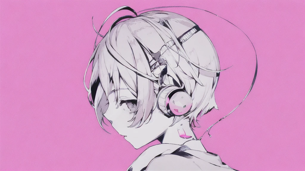 masterpiece, best quality, 1girl, solo, short pink_hair, looking_at_viewer, wearing electronic headset, piece poses , pink_theme, pill, jirai_kei, monochrome,
