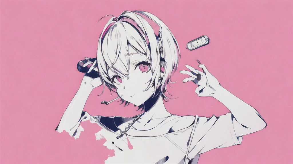 masterpiece, best quality, 1girl, solo, short pink_hair, looking_at_viewer, wearing electronic headset, piece poses , pink_theme, pill, jirai_kei, monochrome,