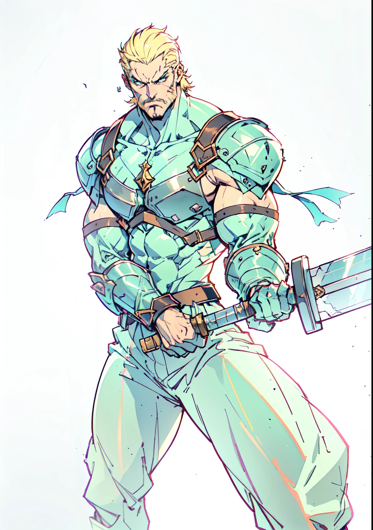 (masterpiece:1.2, best quality, extremely delicate, perspective, foreshortening, dynamic angle), a middle-aged man with slicked-back golden hair, a dignified face, deep eyes, a mustache on his upper lip, a focused expression, tall and muscular, covered in scars, fantasy-reality style warrior leather armor, ribbons tied around his arms, black iron bracers, dark cargo pants, holds a long-handled greatsword with both hands, standing guard in front of a fortress gate, this character embodies a finely crafted fantasy-realist style warrior in anime style, exquisite and mature manga art style, dramatic, high definition, highres, ultra-detailed, ultra-fine painting, professional, perfect body proportions, golden ratio, anatomically correct, symmetrical face, extremely detailed eyes and face, high quality eyes, creativity, RAW photo, UHD, 32k, Natural light, cinematic lighting, masterpiece-anatomy-perfect