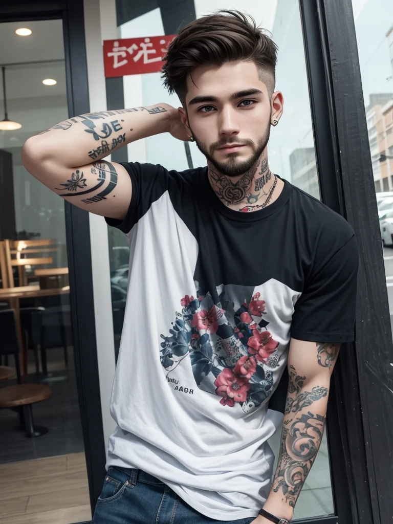 25 year old man, pretty face, short hair, raised hair, White skin, short beard, Casual clothes, whole body, tattoos
