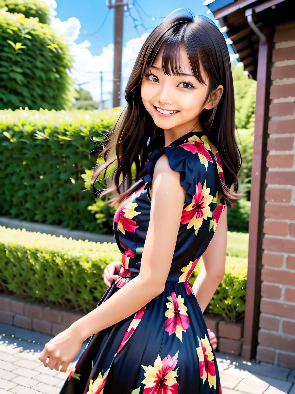 A young Asian woman wearing a large floral dress is turning around and posing, She is wearing a hibiscus floral dress, wearing Japanese , Japanese girl , Japanese , A young and cute gravure idol, Looking back, Young Gravure Idol, Japanese model, cute ,Wearing a pastel floral dress, Young and thin gravure idol, portrait of a Japanese teen, Long Straight Hair, Girl with straight black hair, dancing, Posing, Jumping, Face that faithfully reproduces the face of LoRA, High resolution, Very detailed, Natural Bangs, highest quality