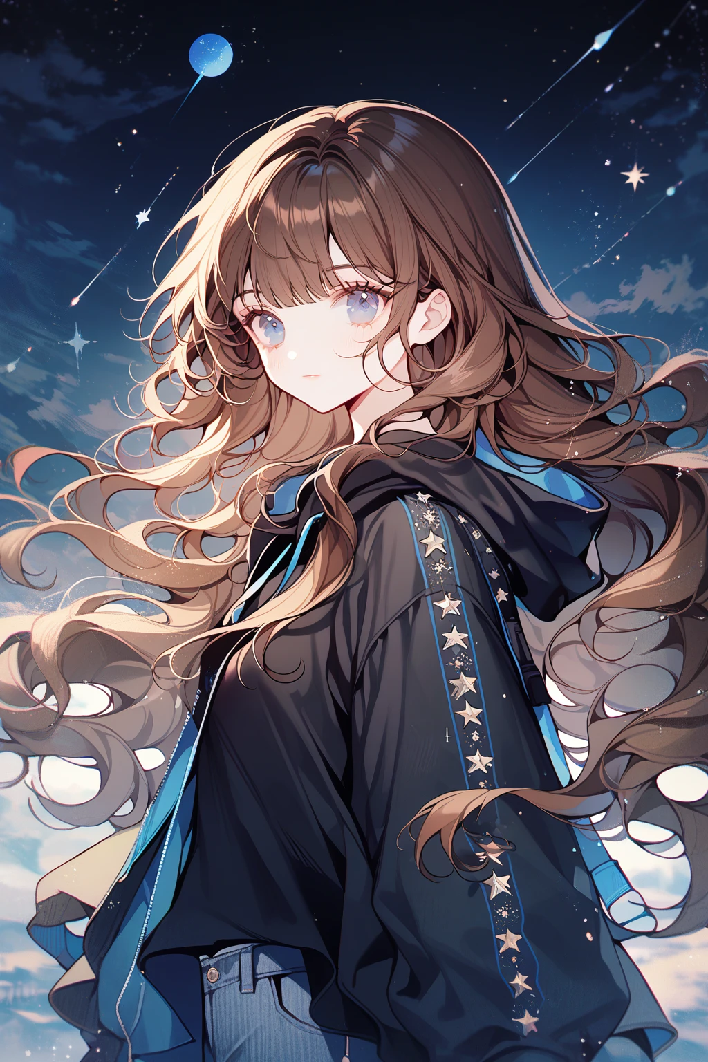 by ttosom, 1 girl, CuteStyle, blue eyes, brown hair, long hair with bangs, upper body, flowing hair, dressed in a black hoodie and gray jeans, black fingerless gloves, looking at the viewer, calm gaze, sky, night sky, sky studded with stars, comets, dark, detailed, beautiful, delicate tones