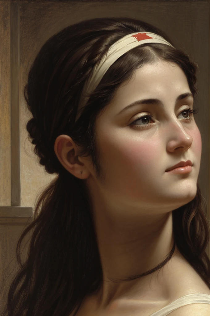 sad mother, beautiful with headband looking up, shitting who looks forward, realist style Bouguereau