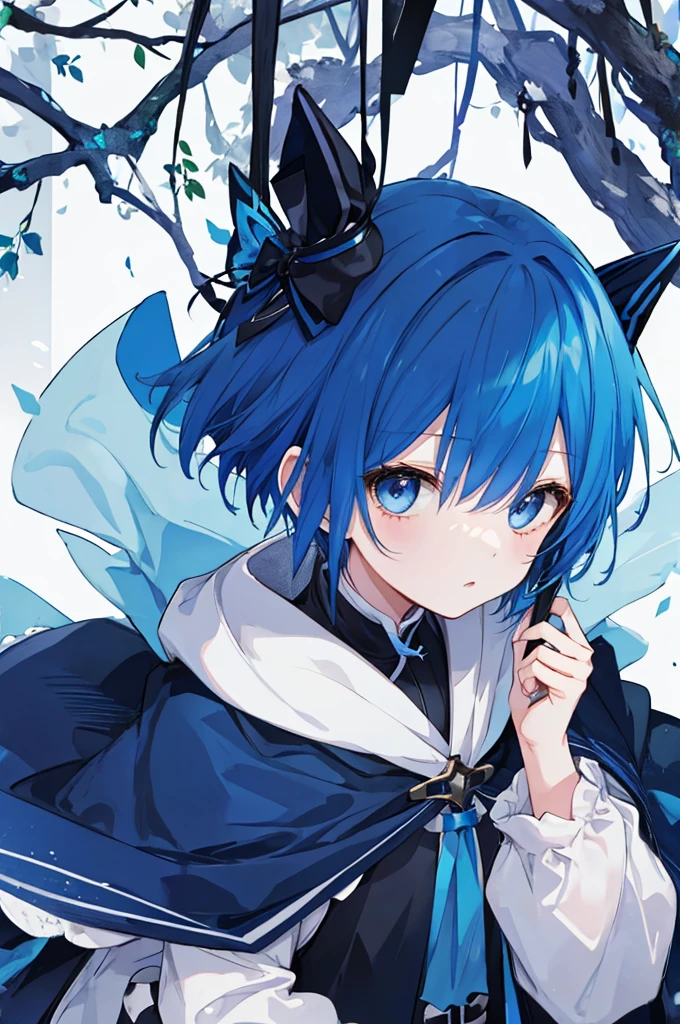 Girl、Blue hair short、Black cloak、stockings