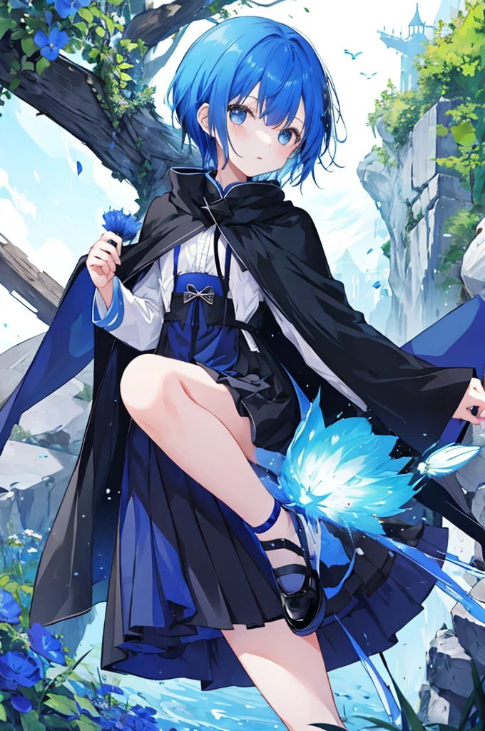 Girl、Blue hair short、Black cloak、stockings