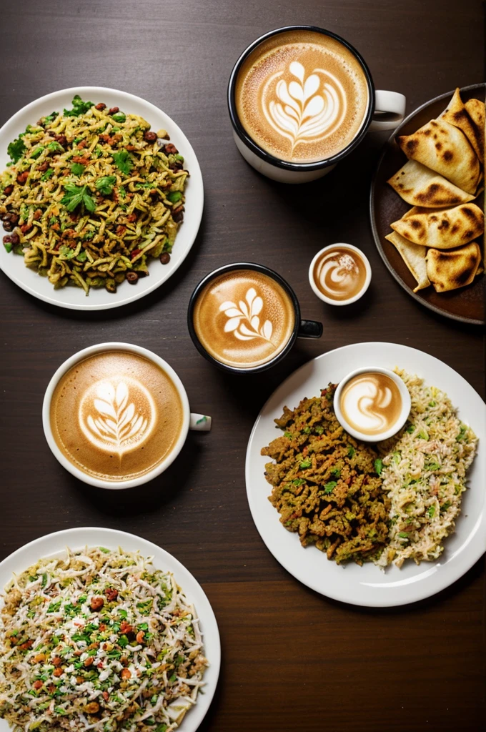 Shawarma with tapsi, with coffee, with biryani 
Text: Tapsi, Biryani, shawarma with VREDE BREW
Capital T, small letters apsi
Capital B, small letters iryani
Capital S, small letters hawarma
All capital : VREDE BREW