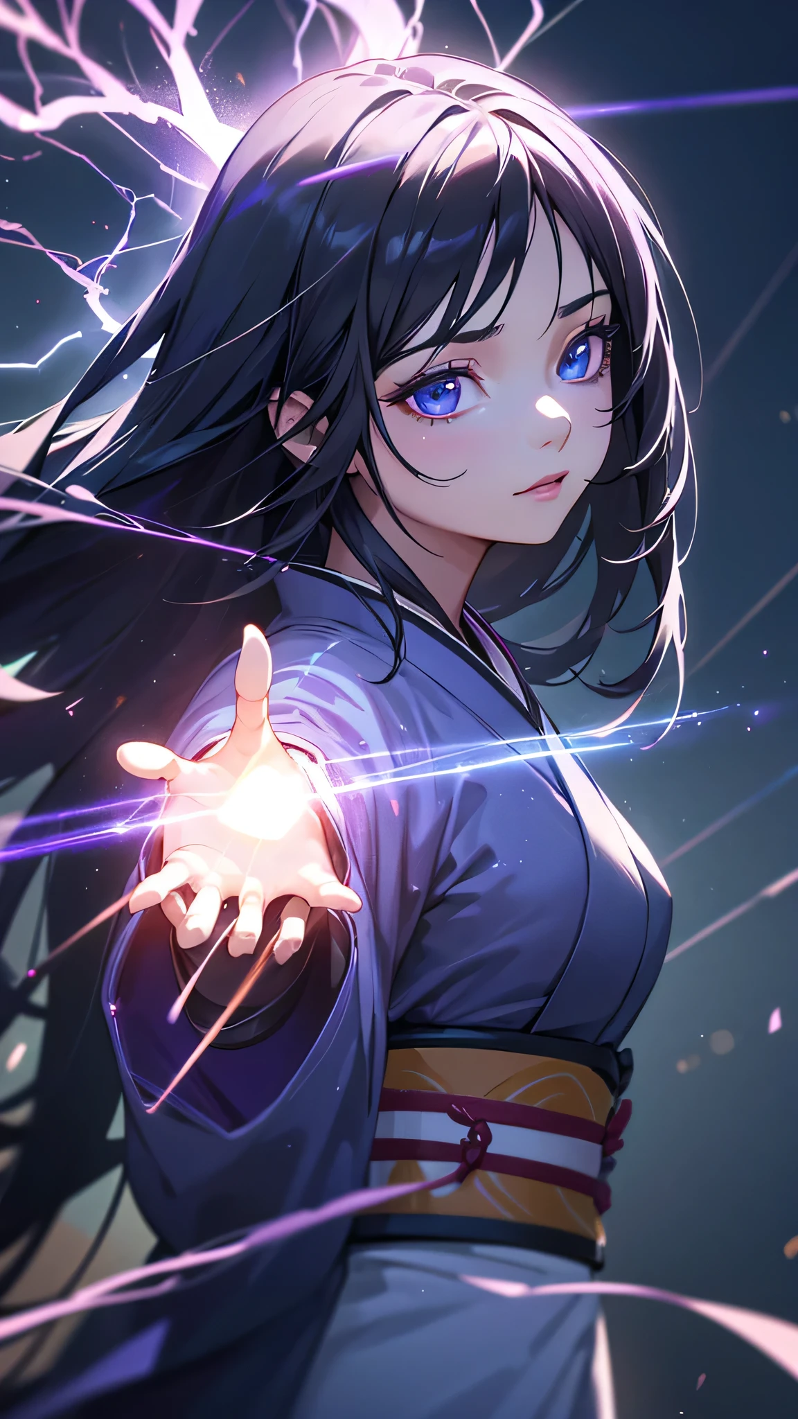a beautiful girl with long black hair, light blue eyes, surrounded by purple lightning, wearing a traditional japanese kimono, with a mysterious expression, fantasy art, dark lighting that highlights the purple lightning, (best quality,4k,8k,highres,masterpiece:1.2),ultra-detailed,(realistic,photorealistic,photo-realistic:1.37),HDR,UHD,studio lighting,ultra-fine painting,sharp focus,physically-based rendering,extreme detail description,professional,vivid colors,bokeh