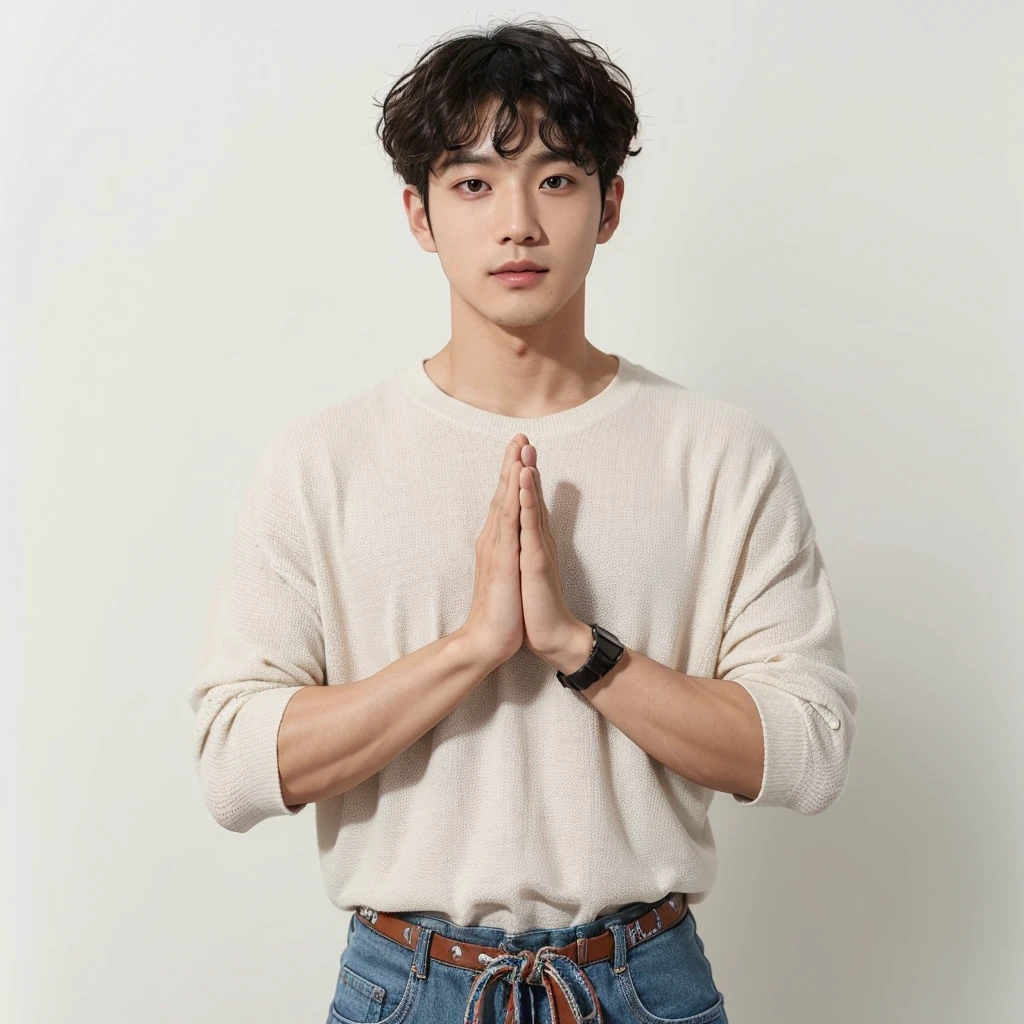 a korean man, (short curly hair) wearing a casual clothes ,standing facing the camera with namaste hands, the background plain white.