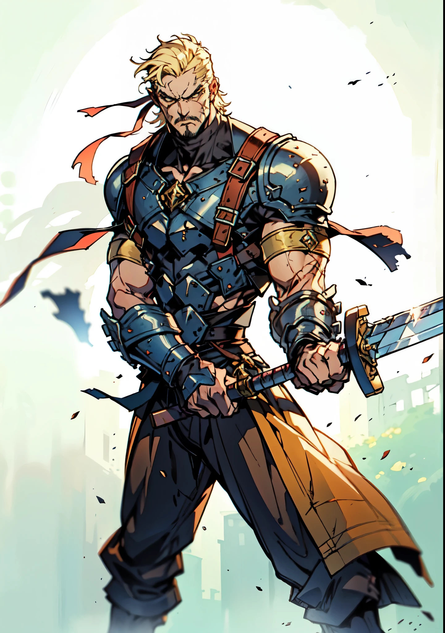(masterpiece:1.2, best quality, extremely delicate, perspective, foreshortening, dynamic angle), a middle-aged man with slicked-back golden hair, a dignified face, deep eyes, a mustache on his upper lip, a focused expression, tall and muscular, covered in scars, fantasy-reality style warrior leather armor, ribbons tied around his arms, black iron bracers, dark cargo pants, holds a long-handled greatsword with both hands, standing guard in front of a fortress gate, this character embodies a finely crafted fantasy-realist style warrior in anime style, exquisite and mature manga art style, dramatic, high definition, highres, ultra-detailed, ultra-fine painting, professional, perfect body proportions, golden ratio, anatomically correct, symmetrical face, extremely detailed eyes and face, high quality eyes, creativity, RAW photo, UHD, 32k, Natural light, cinematic lighting, masterpiece-anatomy-perfect