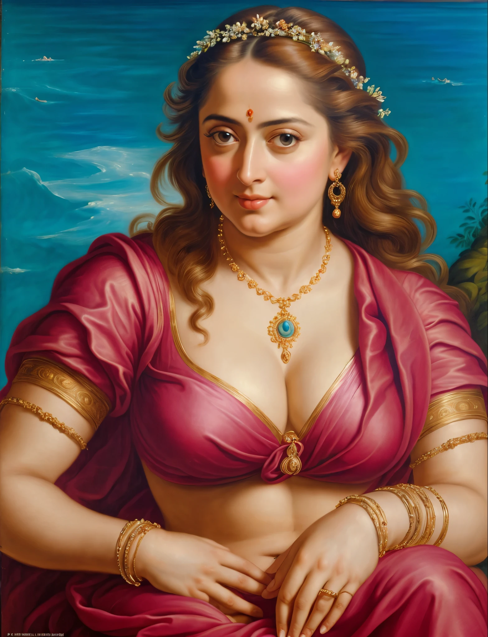 Looks like Anushka Shetty, (solo), middle aged woman, Masterpiece, Best quality, high clarity eyes, beautifully styled hair, curvy, sexy navel folds, feminine curve, motherly figure, critically flawless,sharp picture, Full portrait, High pixels, perfect face, perfect eyes, beautiful face, perfect hands,perfect fingers, in Peter Paul Rubens style, by Peter Paul Rubens, baroque style, acrylic on canvas, highly detailed, description: "Create a nymph inspired by the tales of Greek or Roman mythology, embodying the essence of a natural element or location, and possessing a unique ability or trait that sets her apart.", beautiful nature in the background, Brilliant colors,