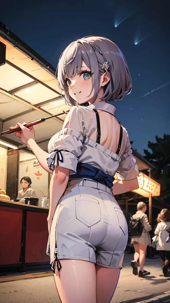 (masterpiece, Highest quality, Super detailed), figure, omatsuri, food stand, One girl, Beautiful Eyes, View your viewers, From behind, Cowboy Shot, Recall, (yukata, Festivals、stall),wood, Outdoor,road, walking, crowd, night, lanthanum, food, paved, 横断歩road, paper lanthanum, lamp post, night sky,Silver braided short bob,((super fine illustration)),((cute eyes,highly detailed skin)),(happy smile)