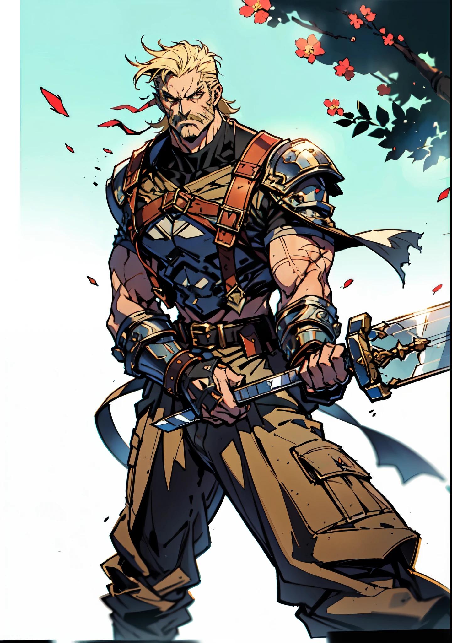 (masterpiece:1.2, best quality, extremely delicate, perspective, foreshortening, dynamic angle), a middle-aged man with slicked-back golden hair, a dignified face, deep eyes, a mustache on his upper lip, a focused expression, tall and muscular, covered in scars, fantasy-reality style warrior leather armor, ribbons tied around his arms, black iron bracers, dark cargo pants, holds a long-handled greatsword with both hands, standing guard in front of a fortress gate, this character embodies a finely crafted fantasy-realist style warrior in anime style, exquisite and mature manga art style, dramatic, high definition, highres, ultra-detailed, ultra-fine painting, professional, perfect body proportions, golden ratio, anatomically correct, symmetrical face, extremely detailed eyes and face, high quality eyes, creativity, RAW photo, UHD, 32k, Natural light, cinematic lighting, masterpiece-anatomy-perfect