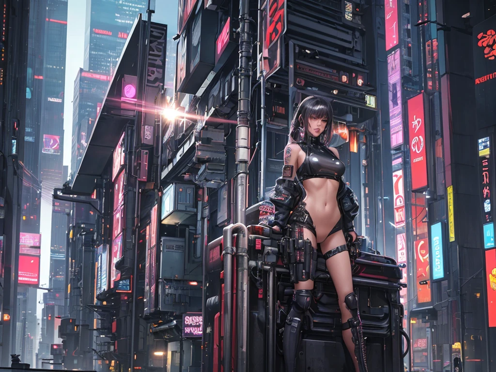 (masterpiece), (best quality), (very detailed), (1 person), (cyberpunk), future city background, detailed eyes, Detailed nose, Detailed lips, perfect face, perfect body, revealing clothing, (((whole body))), placed on the left