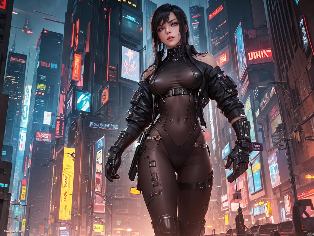 (masterpiece), (best quality), (very detailed), (1 person), (cyberpunk), future city background, detailed eyes, Detailed nose, Detailed lips, perfect face, perfect body, revealing clothing, (((whole body))), placed on the left