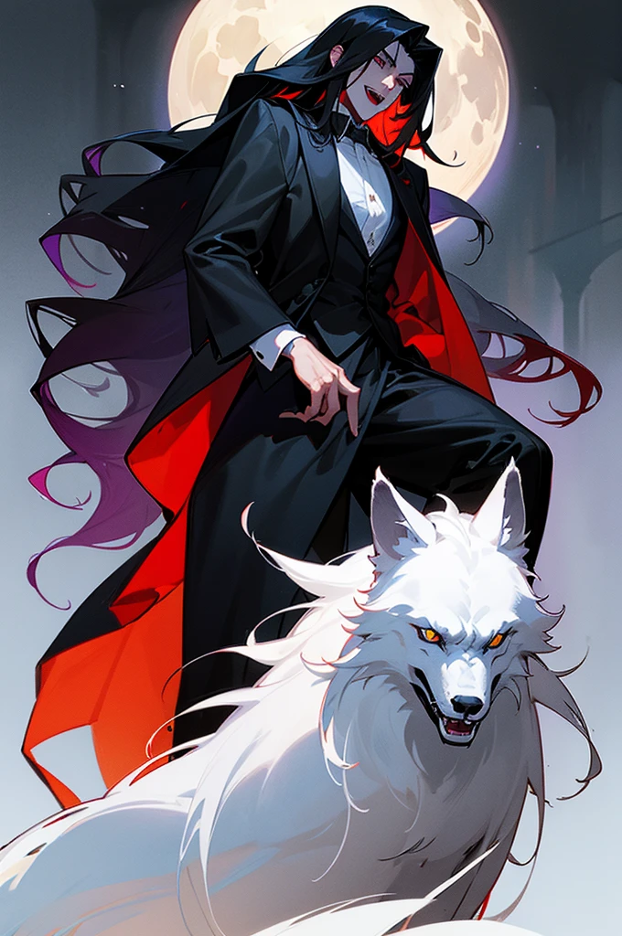 Perfect human body modeling, 1 guy, young boy, handsome, fangs from the mouth, black long hair, shiny hair, glow eyes, white skin, slim-body, Western-style fantasy, RPG, old castle, moonlit night, Vampire Lord, opportunist, white wolf, black Cloak with red lining, tuxedo, 
