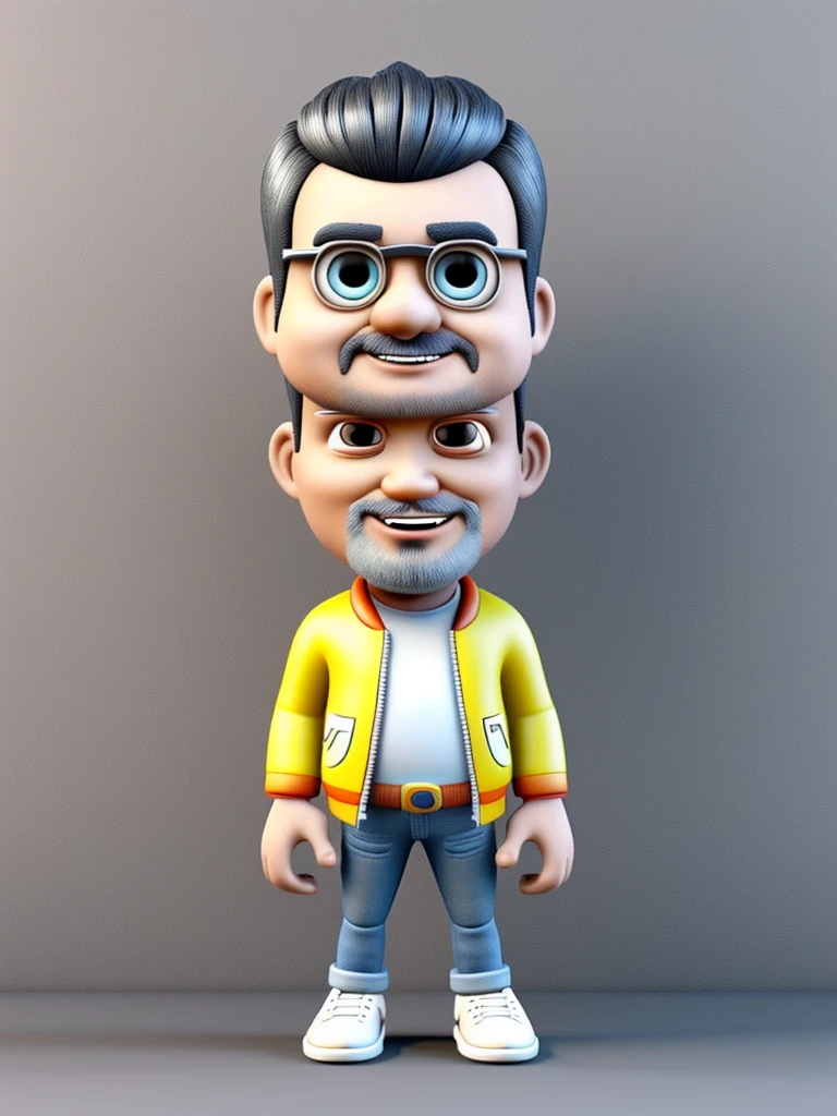 Create a 3D cartoon style caricature. full body with a big head image of a 50 year old Indonesian man, gray crested hair, thin face, straight thick eyebrows, smiling mouth, very long realistic chin beard, bright colors that are trending on artstation, solid color background wall, wearing a black jacket, jeans, white sneakers, beautiful 3D rendering, cute pixar, realistic, 3D, cartoon style, well shaded, smooth, Pixar, Lexica Aperture v.3.5