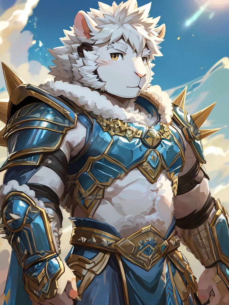 anthro, kemono, male, solo, furry, (((white sheep))), (((white fur))), (((spiky long white hair with sideburns))), blue paladin armor with golden pattern and white cape, (((sheep face, sheep ears))), (((spiky hair)))