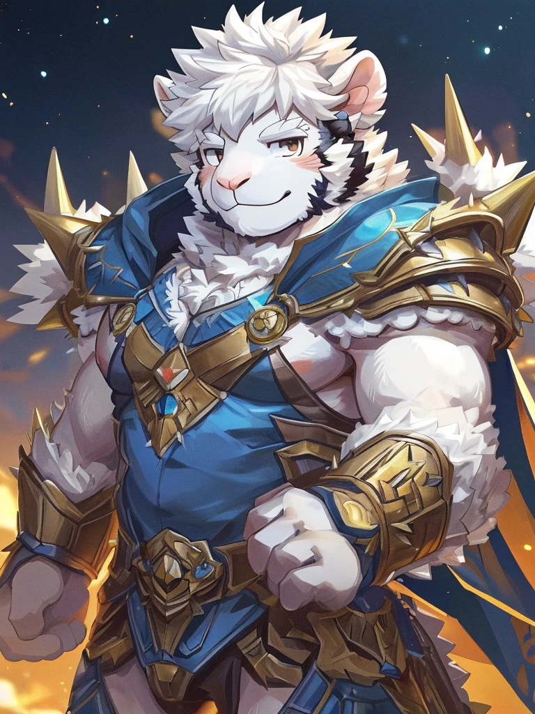 anthro, kemono, male, solo, furry, (((white sheep))), (((white fur))), (((spiky long white hair with sideburns))), blue paladin armor with golden pattern and white cape, (((sheep face, sheep ears))), (((spiky hair)))