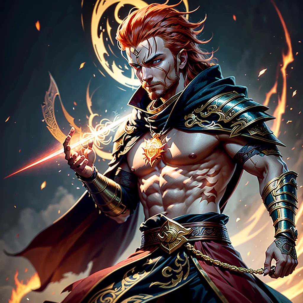 A striking figure stands tall at 6'2" with a lean and muscular build, indicating a life of rigorous physical training and combat. He has long, fiery red hair tied back in a warrior's braid, reminiscent of flames, and his eyes are a striking gold, glowing with a mystical intensity. His fair skin is weathered, showing the wear and tear of years spent traveling and battling the forces of chaos. His face is strong and chiseled, with a determined and serious expression softened by moments of introspection or compassion, marked by a few battle scars.

Thalor Fireheart wears a unique blend of heavy plate and enchanted robes, designed for both protection and flexibility. The armor is adorned with intricate dragon motifs and ancient runes that glow faintly with a golden light. The metal plates are crafted from a rare, dark steel, contrasting with the shimmering golden runes. He has an open-faced helmet, allowing his fiery hair and golden eyes to remain visible, adorned with small dragon wings on the sides.

A flowing red and gold cloak drapes over his shoulders, fastened with a brooch shaped like a dragon's head. The cloak is enchanted to enhance his presence. In one hand, he wields a one-handed sword with an intricately designed hilt featuring dragon motifs. The blade glows with a faint, fiery aura, symbolizing his mastery of fire magic. Occasionally, he wields an axe with similar designs and enchantments. Around his neck, he wears an Amulet of Akatosh, a finely detailed depiction of Akatosh's dragon emblem, radiating a gentle, warm glow.

The runes on his armor and weapons pulse with energy when he channels his magic, casting an ethereal glow. Thalor exudes an aura of calm strength and wisdom, his expression serious and focused, but his eyes soften when interacting with allies or those in need, showing his compassionate side. His appearance is a perfect blend of regality and ferocity, commanding respect and admiration as both a formidable warrior and a wise protector.