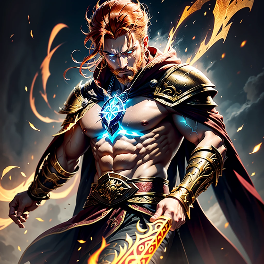 A striking figure stands tall at 6'2" with a lean and muscular build, indicating a life of rigorous physical training and combat. He has long, fiery red hair tied back in a warrior's braid, reminiscent of flames, and his eyes are a striking gold, glowing with a mystical intensity. His fair skin is weathered, showing the wear and tear of years spent traveling and battling the forces of chaos. His face is strong and chiseled, with a determined and serious expression softened by moments of introspection or compassion, marked by a few battle scars.
Thalor Fireheart wears a unique blend of heavy plate and enchanted robes, designed for both protection and flexibility. The armor is adorned with intricate dragon motifs and ancient runes that glow faintly with a golden light. The metal plates are crafted from a rare, dark steel, contrasting with the shimmering golden runes. He has an open-faced helmet, allowing his fiery hair and golden eyes to remain visible, adorned with small dragon wings on the sides.
A flowing red and gold cloak drapes over his shoulders, fastened with a brooch shaped like a dragon's head. The cloak is enchanted to enhance his presence. In one hand, he wields a one-handed sword with an intricately designed hilt featuring dragon motifs. The blade glows with a faint, fiery aura, symbolizing his mastery of fire magic. Occasionally, he wields an axe with similar designs and enchantments. Around his neck, he wears an Amulet of Akatosh, a finely detailed depiction of Akatosh's dragon emblem, radiating a gentle, warm glow.
The runes on his armor and weapons pulse with energy when he channels his magic, casting an ethereal glow. Thalor exudes an aura of calm strength and wisdom, his expression serious and focused, but his eyes soften when interacting with allies or those in need, showing his compassionate side. His appearance is a perfect blend of regality and ferocity, commanding respect and admiration as both a formidable warrior and a wise protector.