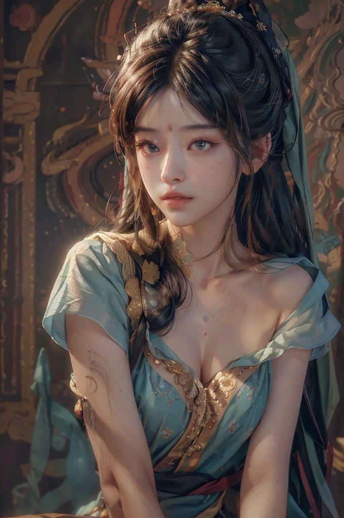 (RAW photo, best quality), (realistic, photo-realistic:1.3),best quality,highly detailed,masterpiece,ultra-detailed,illustration,1girl,upper_body,dynamic angle,world masterpiece theater,messy_long_hair,best quality,extremely detailed CG unity 8k wallpaper,ink,Amazing,cinematic lighting,lens_flare, dunhuang_style