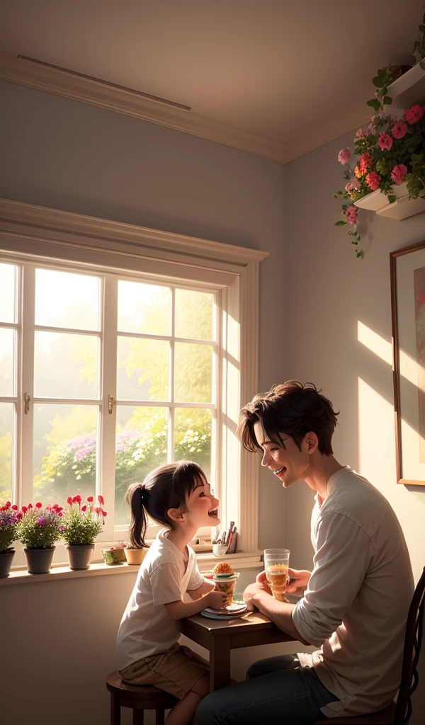 (anime, digital paint, happy ending, children with their father in a bright and colorful home setting, vibrant flowers blooming in the garden, sunlight streaming in through the windows, peaceful and joyful atmosphere)