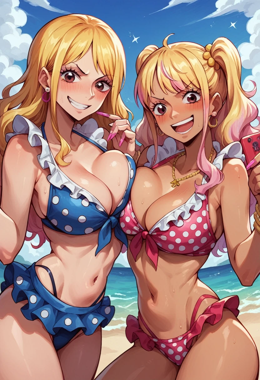 ((sexy 2girl ,gyaru))nsfw,glamorous, blushing, flushed face, frills one piece Polka dot swimsuits .looking at viewer