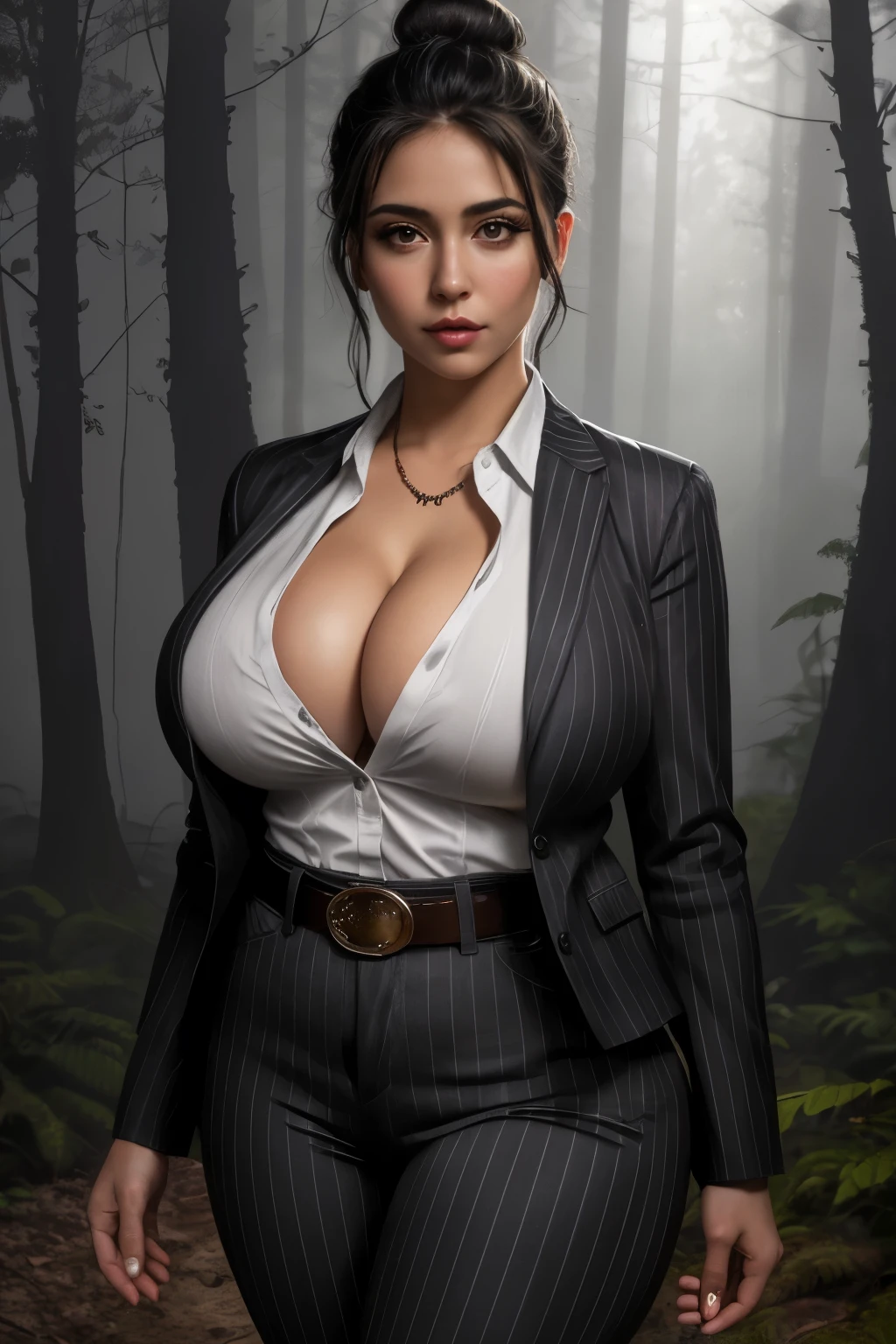 (masterpiece), best quality, photorealistic, 1girl, janerodbd, glowing eyes, black eyes, lips, dirty face, dirty clothes, latina, pinstripe jacket, pinstripe pants, shirt, high-waist pants, belt, black hair, single hair bun, cowboy shot, simple background, creepy forest, myst, night sky, (looking at viewer:1.2), confident, flustered, naughty face, perfect lighting, curvy, thick, wide hips, (large breasts:1.5), cleavage,