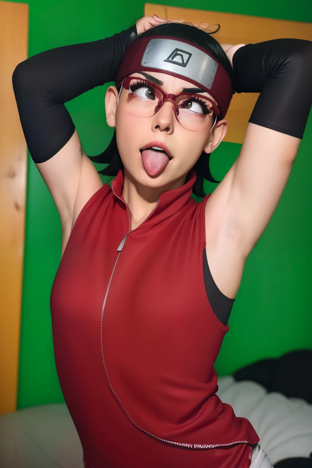 1 girl, standing, beautiful Sarada Uchiha, 18 years old, Cups, Black thighs, arm warmers, forehead protector, shorts, short hair, big chest, black eyes wearing glasses, small hips, big ass, capture anime screen, Sarada is 18 years old, mature appearance,armpits,sweat,sweaty,sweaty armpits,arms up,showing armpits,awesome armpits,outfit,blackish red arm warmers,maroon arm bands,matoon arm warmers