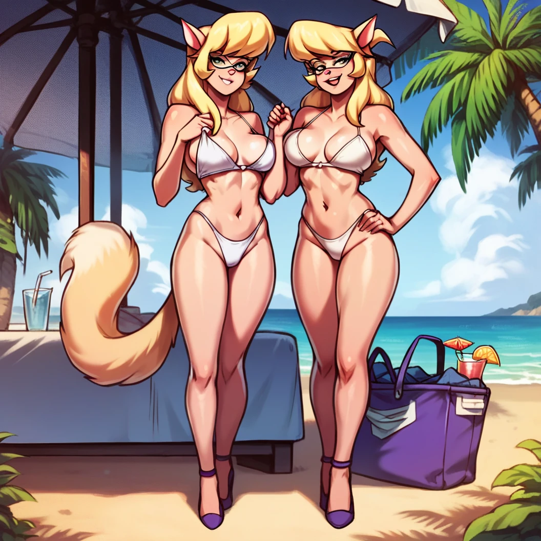 2girls, clones, Callie Briggs, detailed, detailed fur, white bra, legs, purple heels, blonde hair, eyes open, beach, glasses, bottomless, white tops, thicc thighs, private, white bikinis, pulling bottoms up legs, standing, vaginas