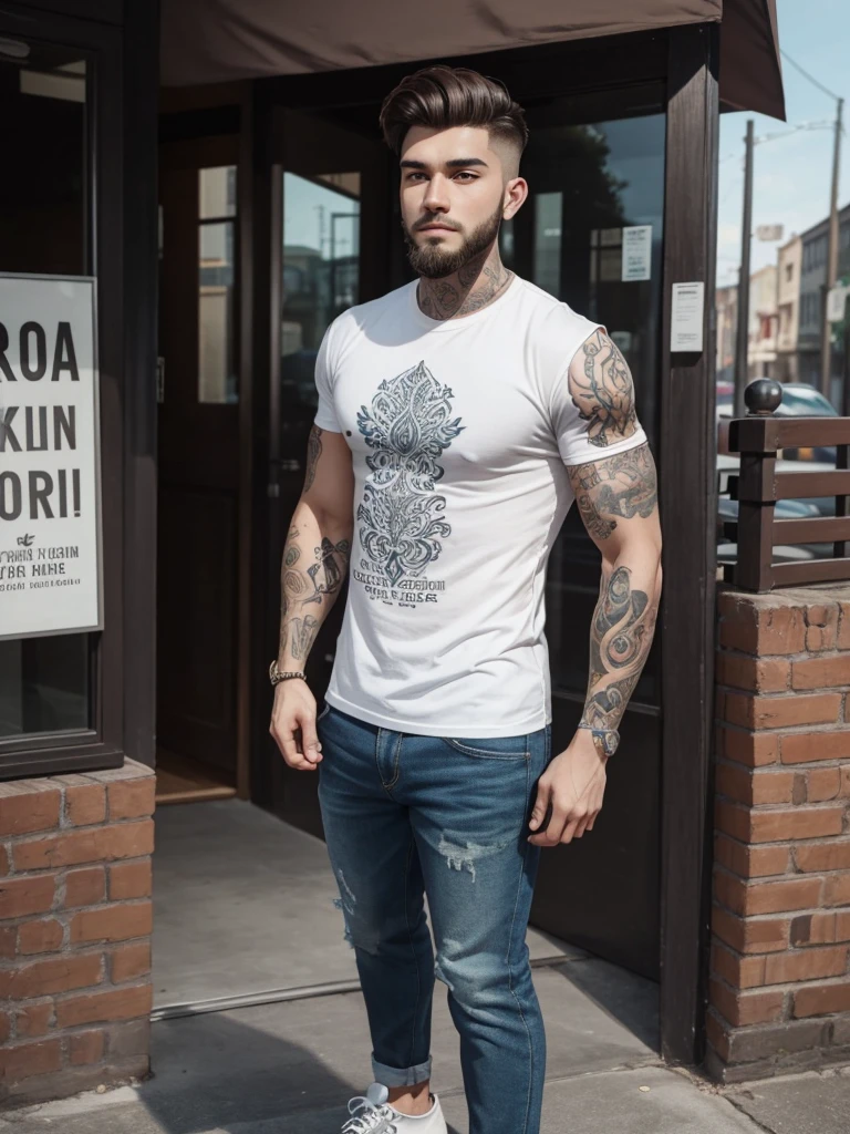 A handsome 25-year-old man, short hair styled up, fair skin, short beard, casual clothes, full body view, intricate tattoos
