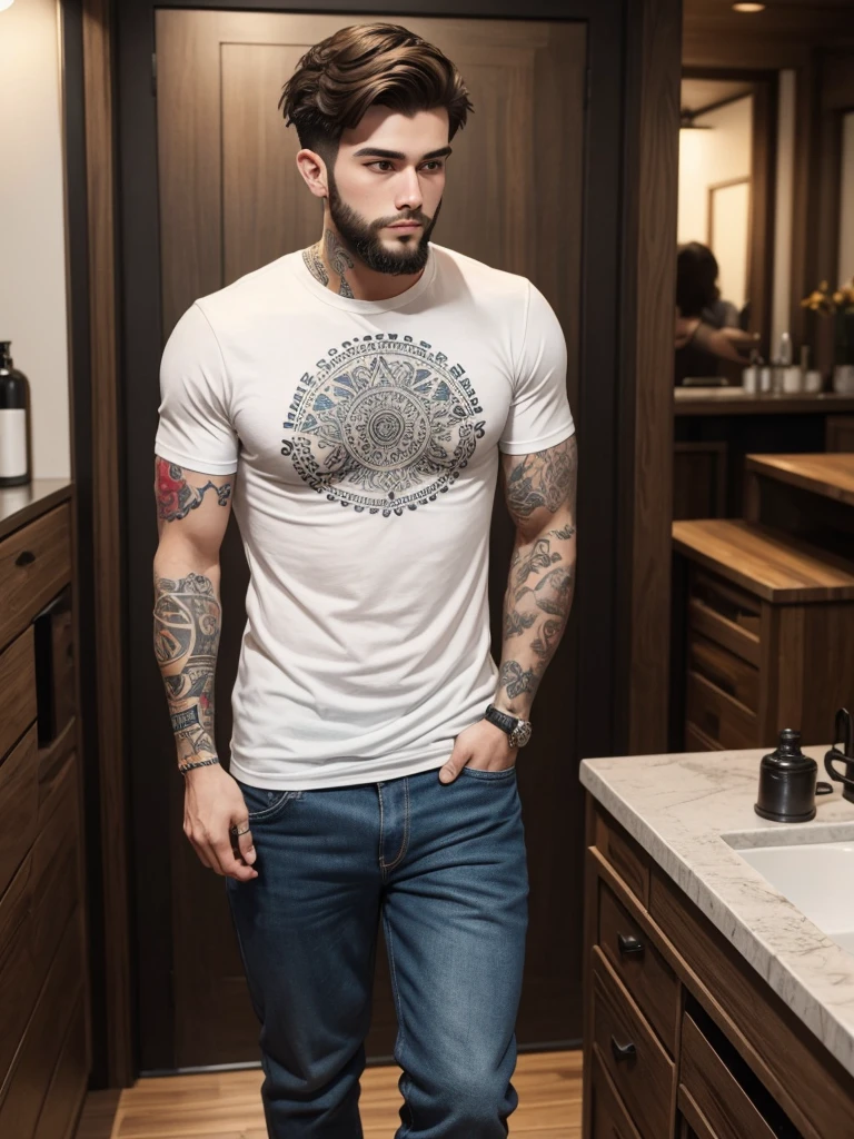 25 year old man, pretty face, short hair, raised hair, White skin, short beard, Casual clothes, whole body, tattoos