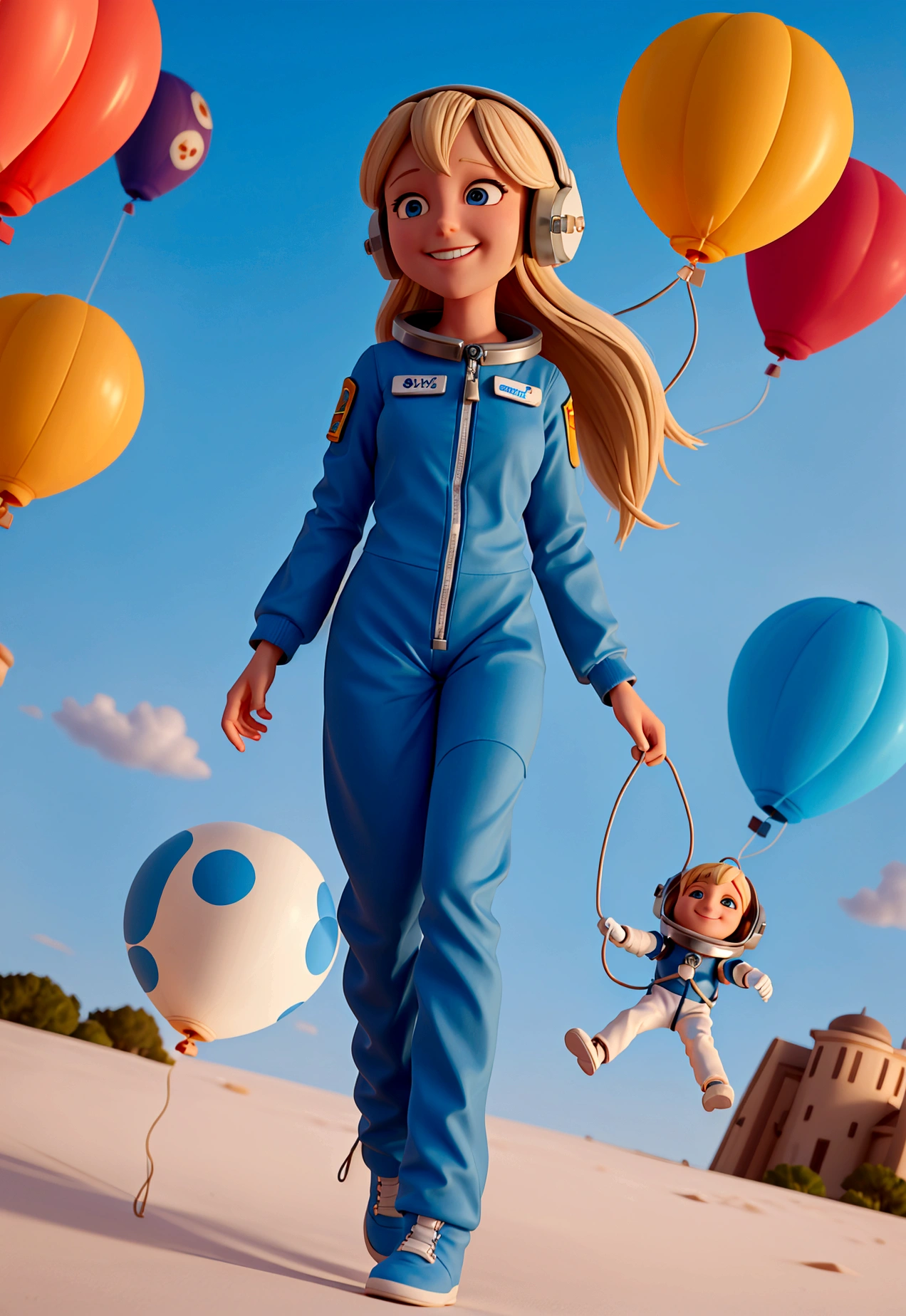 a blonde female astronaut wearing a blue jumpsuit being carried by balloons skyward. She holds the balloons by her hand, with ropes. As she is taken, she smiles and looks at the ground, as if inviting someone to go with her. She offers her other hand so they can hold. her feet are no longer on the ground. her body should not be cropped in the image