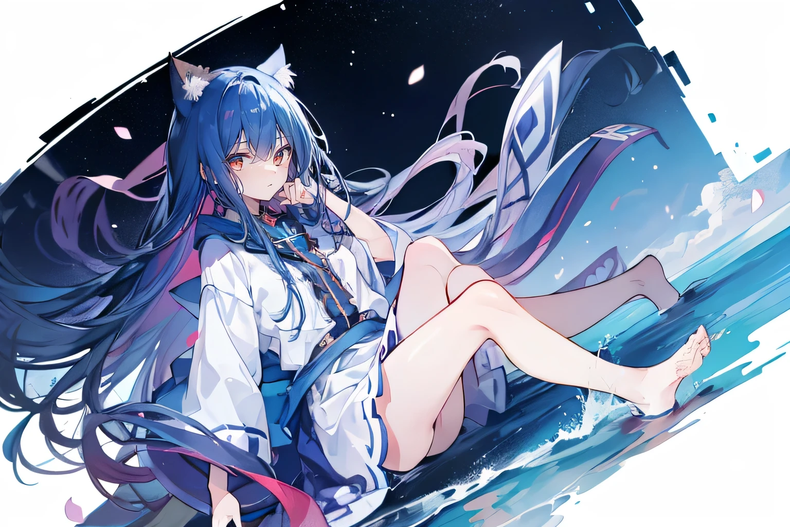 (masterpiece:1.2),Super detailed,lifelike,Expressive eyes,fair skin,perfect face shape,1 girl,
Japanese comics,Gorgeous blue hair,flowing blue hair,flowing clothes,Cat ears,Petals fall,beautiful lola,Baby Angel,
Shaking head with one hand,Cross your legs,Gentle and peaceful background,The pavilion is cool and comfortable,smile, wearing hoodie, background of tokyo,back views,snowing, winter,lie on the water,Lying on the ground。Dark blue gradient hair,asymmetrical hair,((Hair is very thick 1.8,Chiseled hair 1.6)), Hair over the shoulders, Messy hair, Very long hair, shiny hair,(long dark blue hair:1.2),A beautiful girl,(Transparent clothes transparent 1.8),Perfect body,Big thin legs,slender,(Looks very sad,Looks haggard ,sadness,shut your mouth:1.2) Against the backdrop of an unusually bright dark starry sky,(Put your hands behind your back),(round,Room, Strong breasts),barefoot,float,water surface,(long legs,long legs,long legs,Complete)