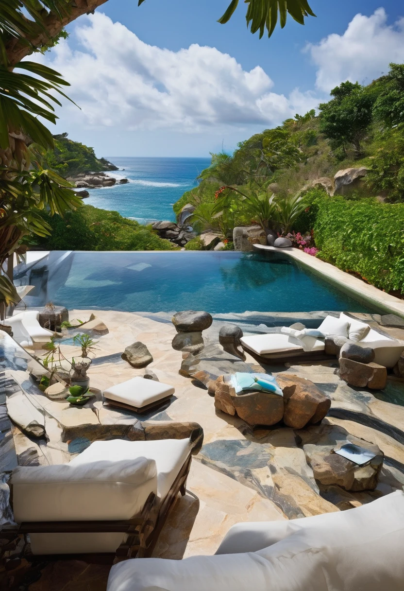 Make image: stunning beautiful colourful masterpiece sharp focus detailed
The House:
- Two-story structure built with light-colored stone, giving it a rustic yet elegant appearance
- Large windows and glass doors on both levels, allowing for panoramic ocean views
- A spacious balcony on the upper floor with a metal railing
- The roof appears to be flat or slightly sloped, possibly tiled
- Exterior lighting fixtures are visible, suggesting the house is well-lit at night
Surrounding Area:
- The house is built directly into the rocky coastline, integrating with the natural landscape
- Large boulders and rock formations are visible around the property, some extending into the sea
- A small sandy area near the water serves as a sunbathing spot with two lounge chairs
- The infinity pool is irregularly shaped, following the contours of the rocks
- A white water slide curves from the upper level down to the pool
- Steps are carved into the rock, leading from the pool area to the ocean sun rays dark clouds
Vegetation:
- Tropical trees and plants surround the property, providing privacy and greenery
- Some plants appear to be growing on the rocks, adding to the natural integration
Ocean View:
- The sea stretches out to the horizon, with a clear demarcation between the lighter coastal waters and deeper blue ocean
- Fluffy white clouds dot the sky, creating a picturesque backdrop
This property seamlessly blends luxury with its natural surroundings, creating a private oasis that takes full advantage of its coastal location.