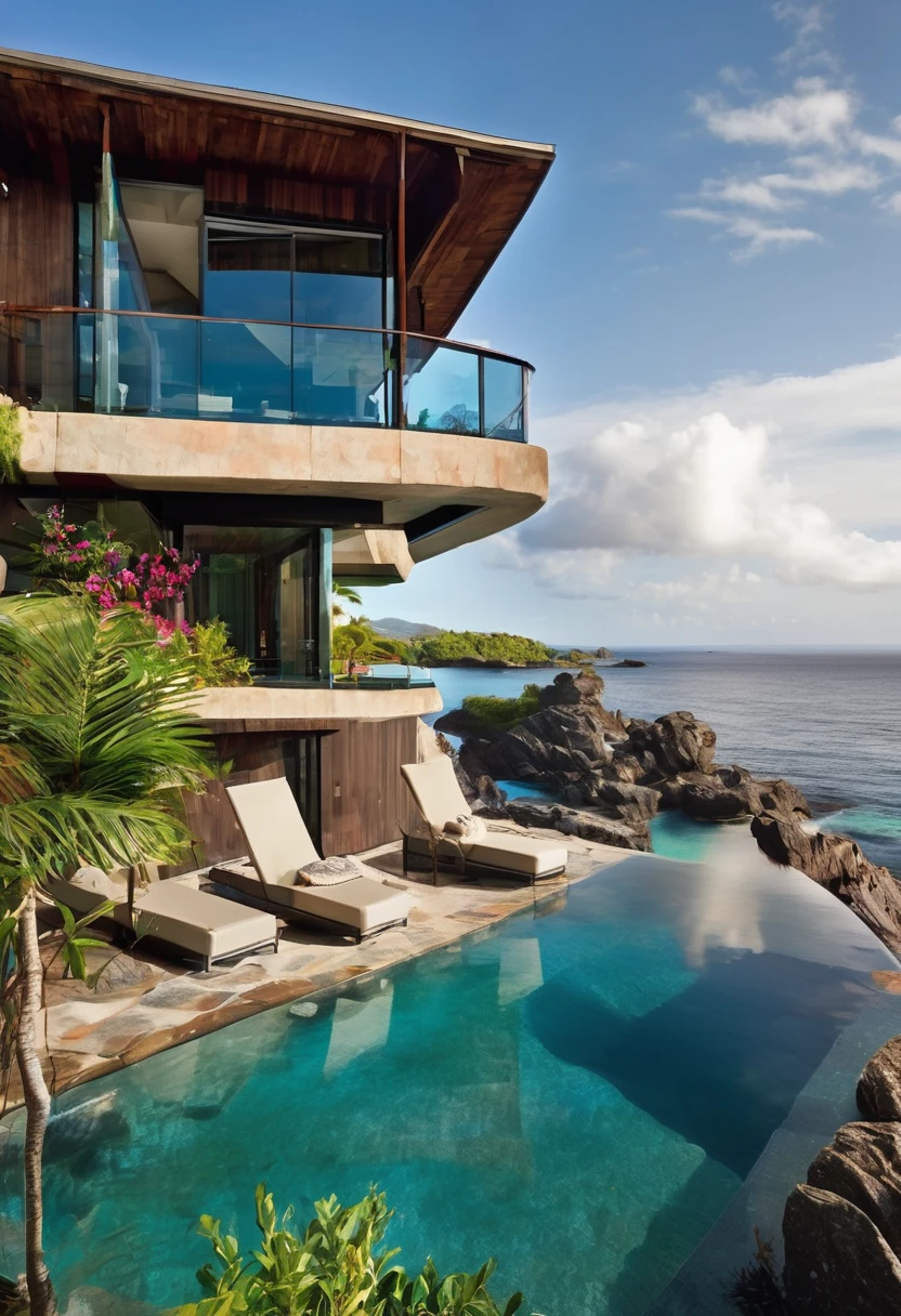 Make image: stunning beautiful colourful masterpiece sharp focus detailed
The House:
- Two-story structure built with light-colored stone, giving it a rustic yet elegant appearance
- Large windows and glass doors on both levels, allowing for panoramic ocean views
- A spacious balcony on the upper floor with a metal railing
- The roof appears to be flat or slightly sloped, possibly tiled
- Exterior lighting fixtures are visible, suggesting the house is well-lit at night
Surrounding Area:
- The house is built directly into the rocky coastline, integrating with the natural landscape
- Large boulders and rock formations are visible around the property, some extending into the sea
- A small sandy area near the water serves as a sunbathing spot with two lounge chairs
- The infinity pool is irregularly shaped, following the contours of the rocks
- A white water slide curves from the upper level down to the pool
- Steps are carved into the rock, leading from the pool area to the ocean sun rays dark clouds
Vegetation:
- Tropical trees and plants surround the property, providing privacy and greenery
- Some plants appear to be growing on the rocks, adding to the natural integration
Ocean View:
- The sea stretches out to the horizon, with a clear demarcation between the lighter coastal waters and deeper blue ocean
- Fluffy white clouds dot the sky, creating a picturesque backdrop
This property seamlessly blends luxury with its natural surroundings, creating a private oasis that takes full advantage of its coastal location.