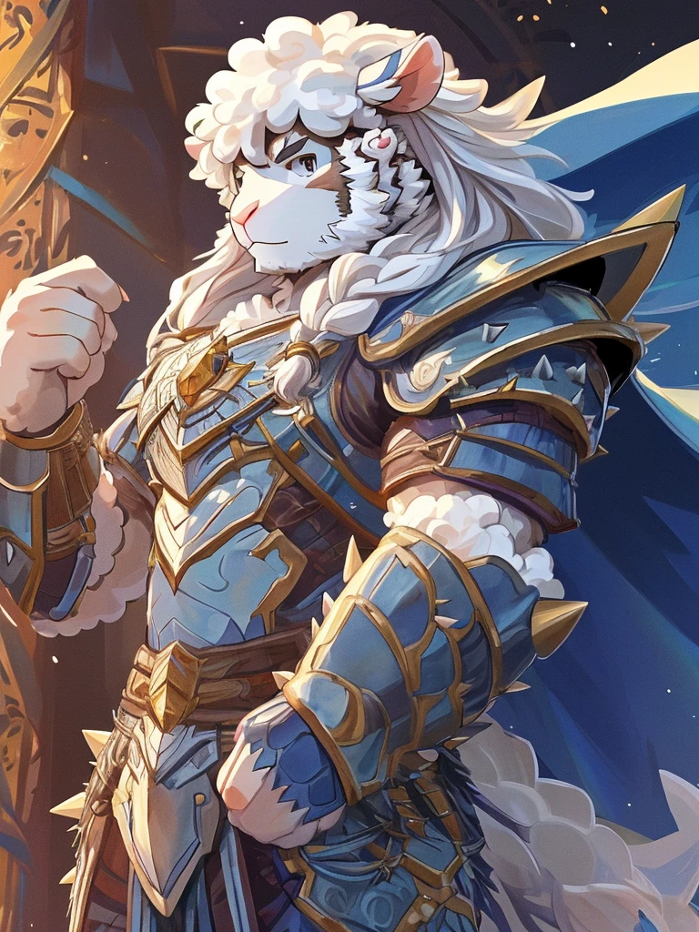 anthro, kemono, male, solo, furry, (((white sheep))), (((white fur))), (((spiky long white hair with sideburns))), blue paladin armor with golden pattern and white cape, (((sheep face, sheep ears))), (((spiky long hair)))