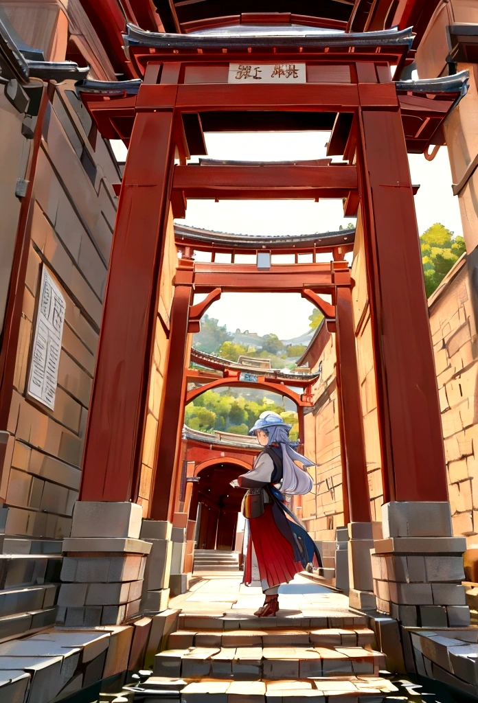 An ancient stone arch bridge,There are three arches side by side,Cool colors,Front view