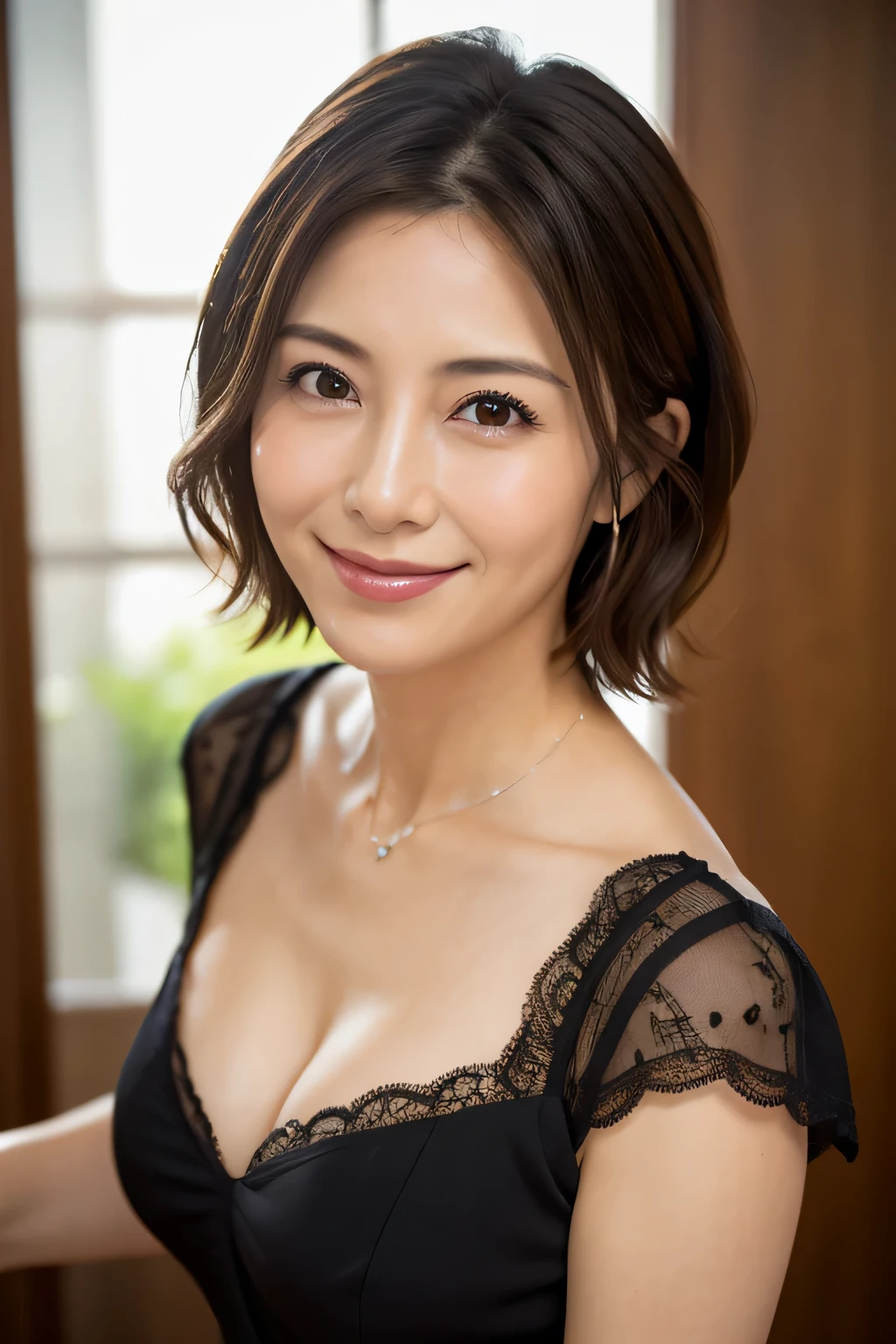 8K, Highest quality, masterpiece, Realistic, Realistic, Very detailed, Natural light, 1 Japanese female, 40 years old, Slightly brown-haired, short hair, (Lean forward to look into the camera), Detailed bending forward, lingerie, Her cleavage is visible, A refreshing smile, A friendly smile, Happy emotion smiley faces, Very detailedな顔と肌, Very detailedな目, Very detailedな顔と肌, Very detailed smile,