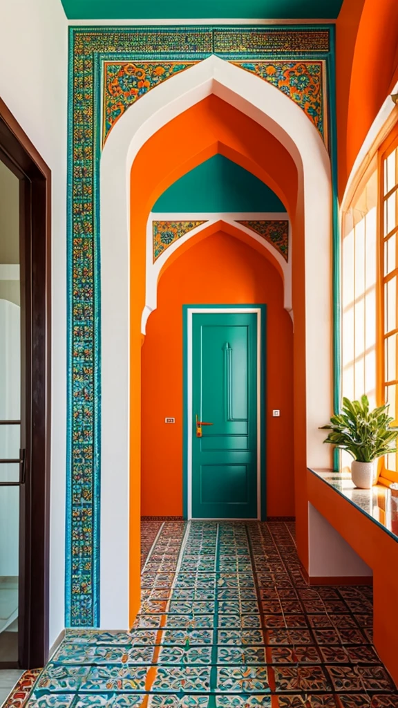 The interior design of an Iranian house in a modern and minimal style, the use of mosaic tiles, orange and turquoise blue mirror arches.
Green, red, live and fresh decoration